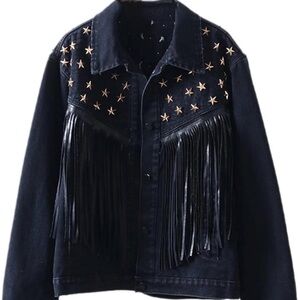 Day G Black Denim Jacket with Star and Fringe Details, Sz OSFM